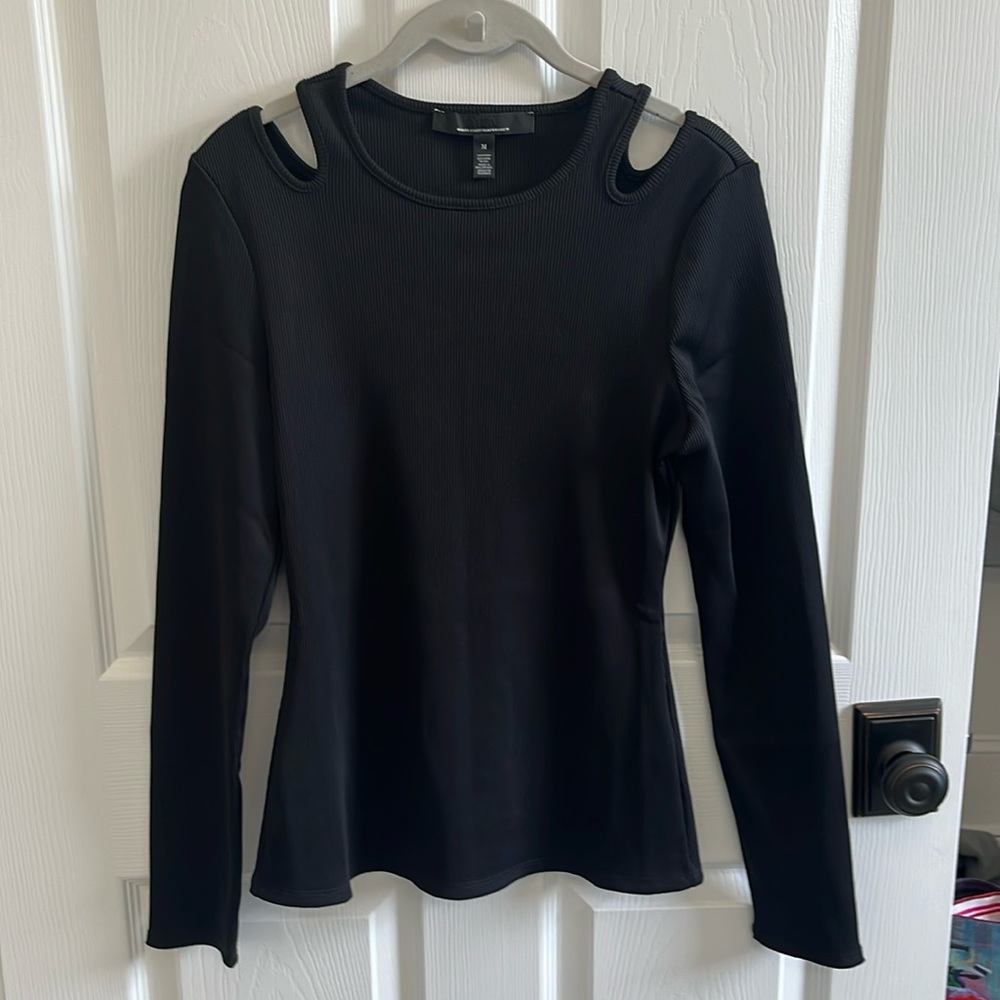 WHBM Black Ribbed Long Sleeve Top